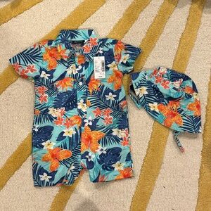 Hawaiian romper with matching hat NWT